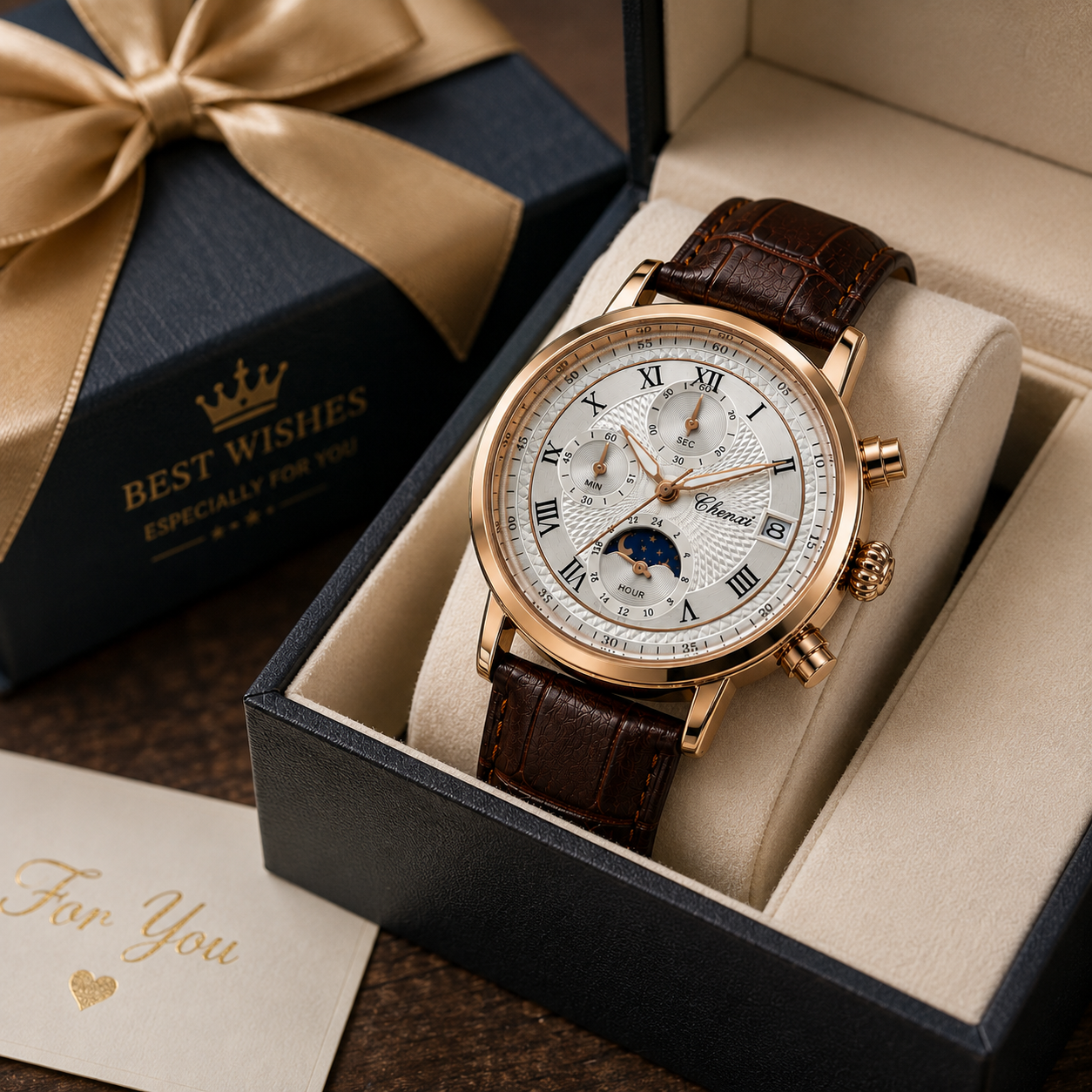 WA-18--Chenxi Men's Chronograph Moon Phase Brown Leather Quartz Watch Roman Numerals
