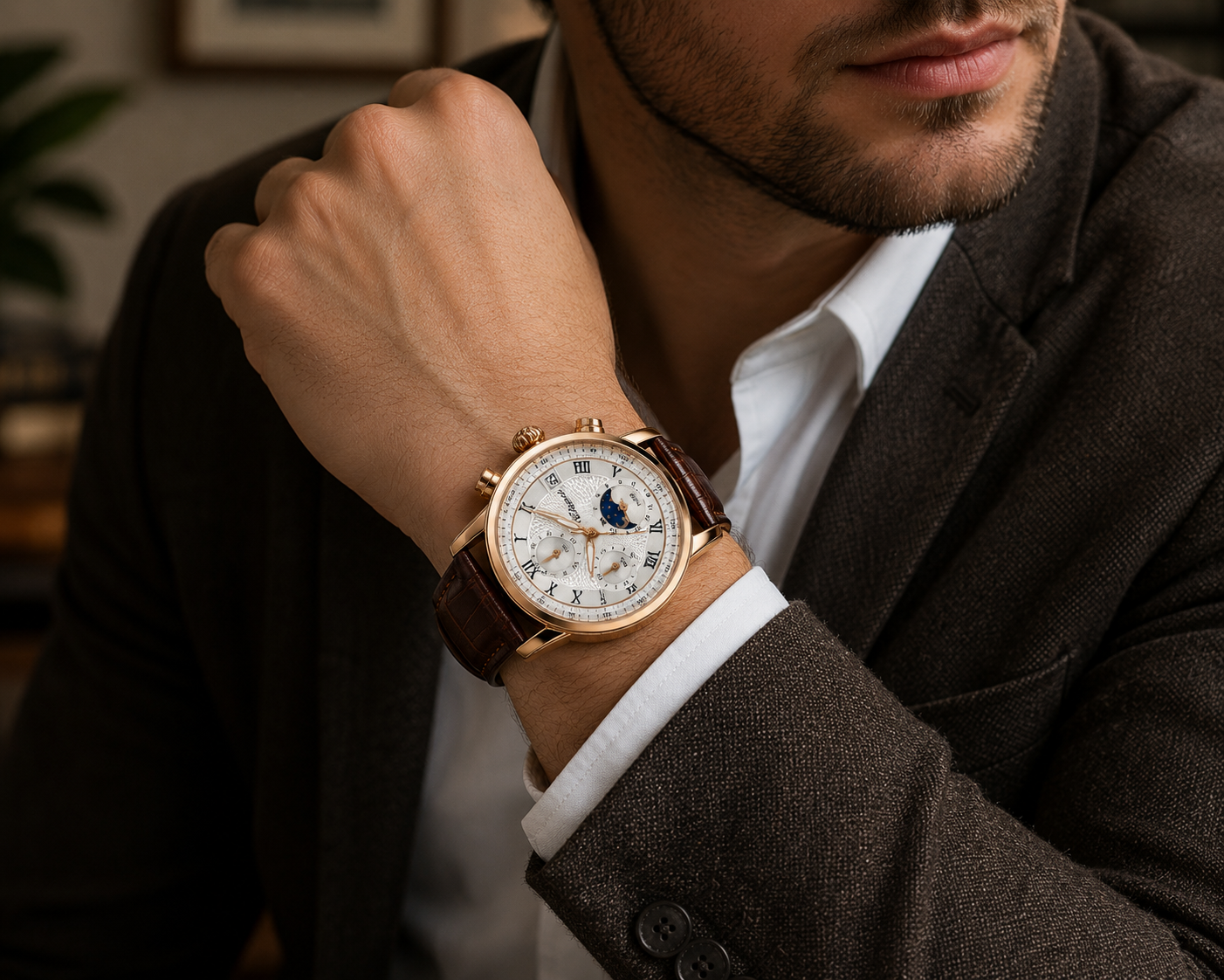 WA-18--Chenxi Men's Chronograph Moon Phase Brown Leather Quartz Watch Roman Numerals