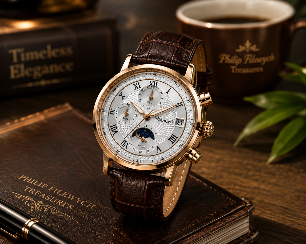 WA-18--Chenxi Men's Chronograph Moon Phase Brown Leather Quartz Watch Roman Numerals