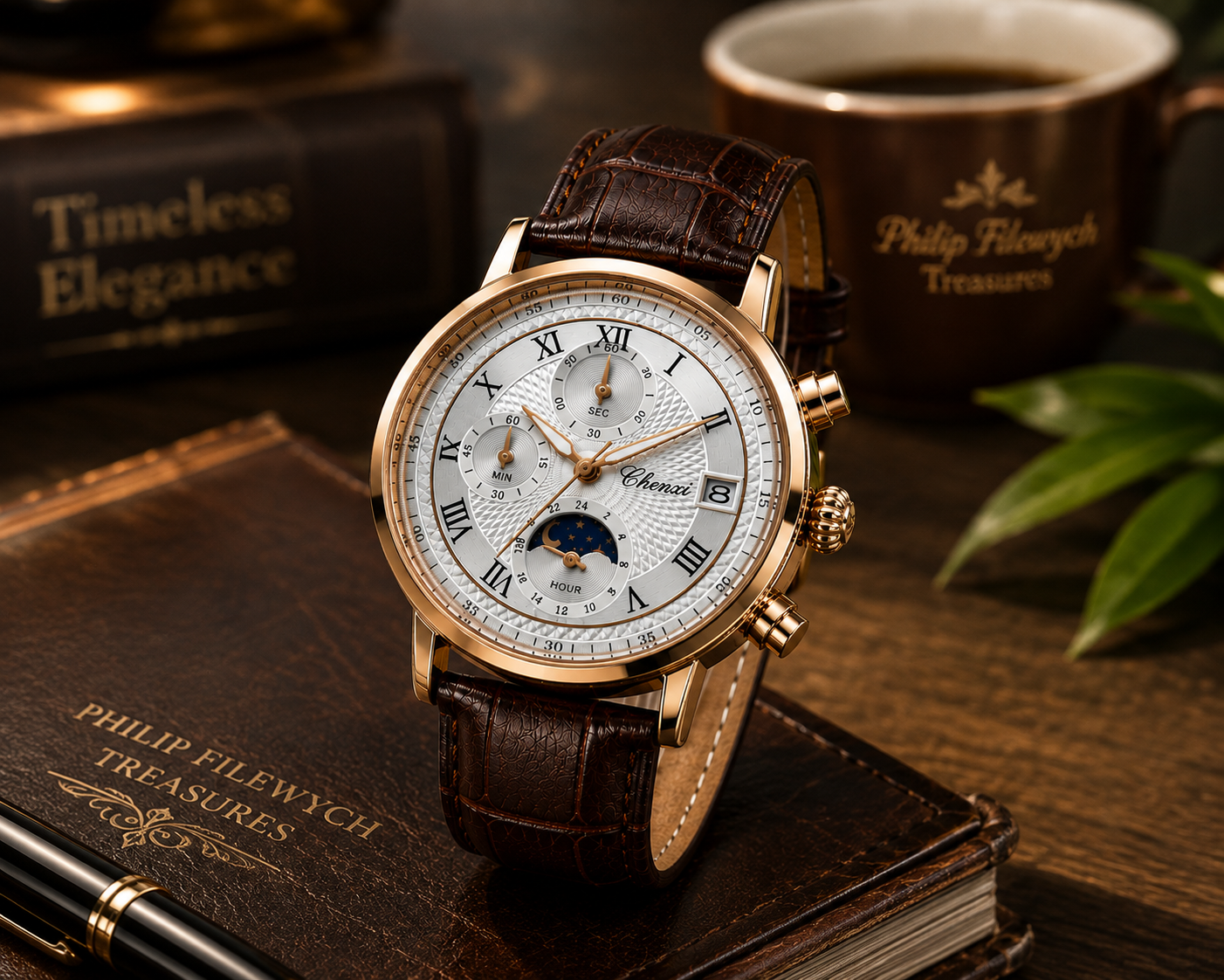 WA-18--Chenxi Men's Chronograph Moon Phase Brown Leather Quartz Watch Roman Numerals