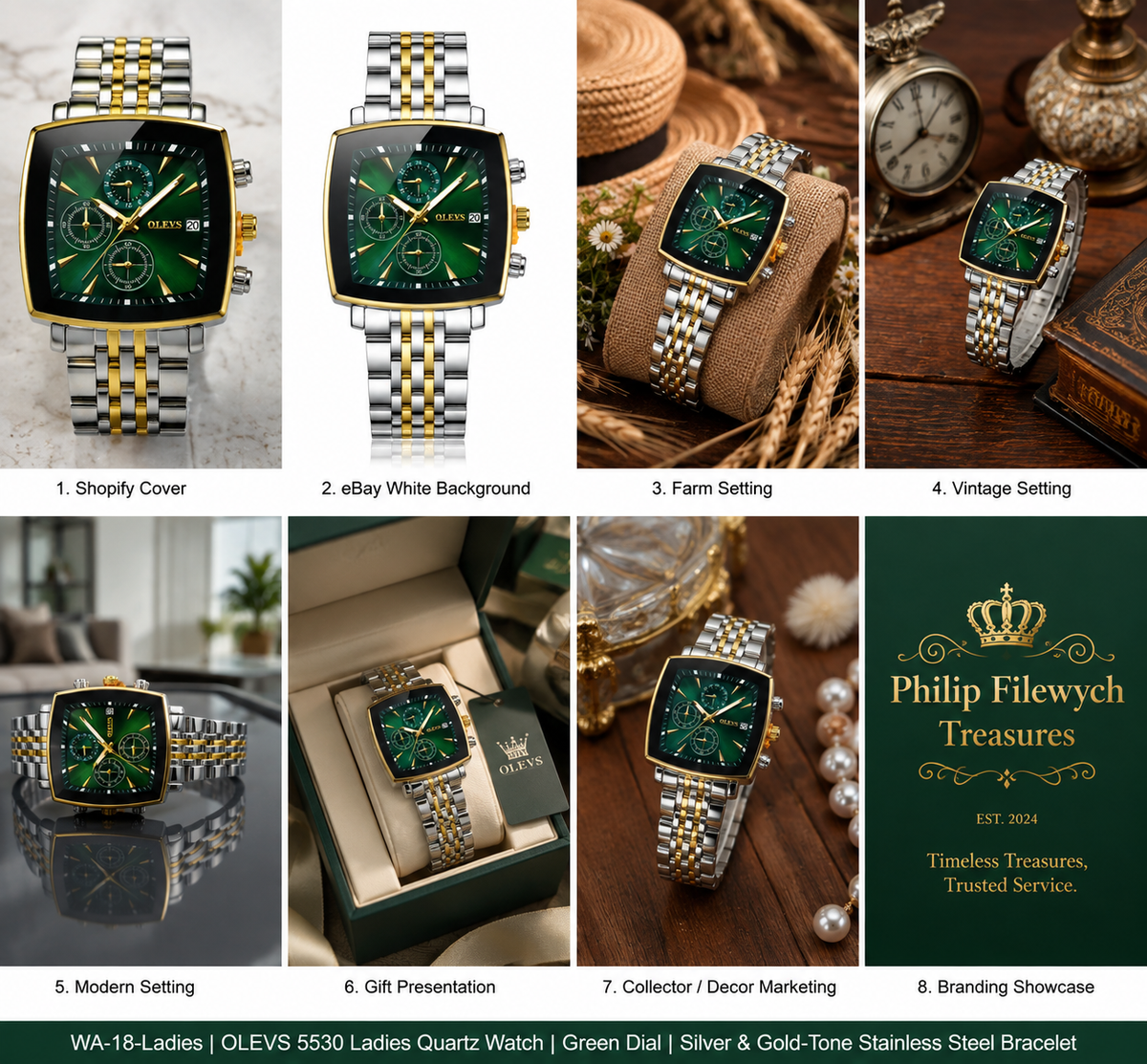 WA-27--OLEVS 5530 Mens Quartz Watch Green Dial Silver Gold-Tone Stainless Steel Bracelet 3BAR