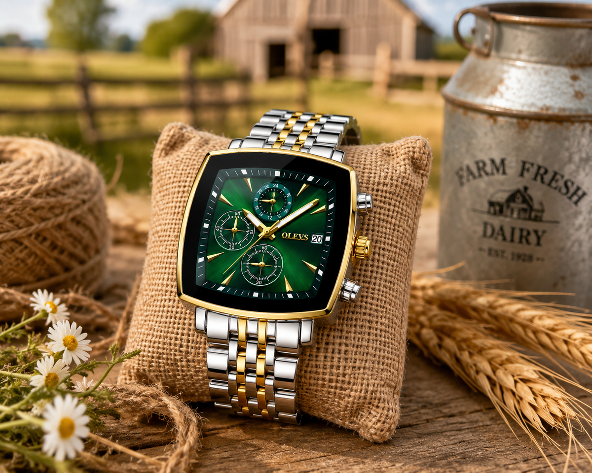 WA-27--OLEVS 5530 Mens Quartz Watch Green Dial Silver Gold-Tone Stainless Steel Bracelet 3BAR