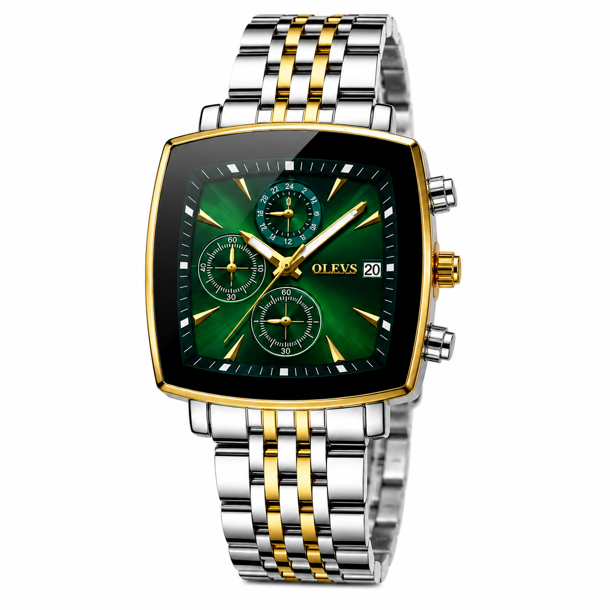 WA-27--OLEVS 5530 Mens Quartz Watch Green Dial Silver Gold-Tone Stainless Steel Bracelet 3BAR