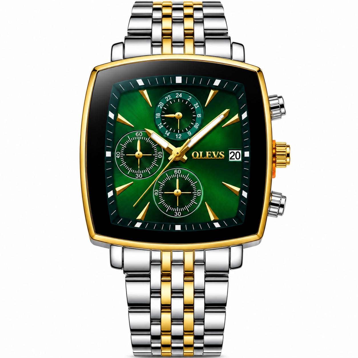 WA-27--OLEVS 5530 Mens Quartz Watch Green Dial Silver Gold-Tone Stainless Steel Bracelet 3BAR