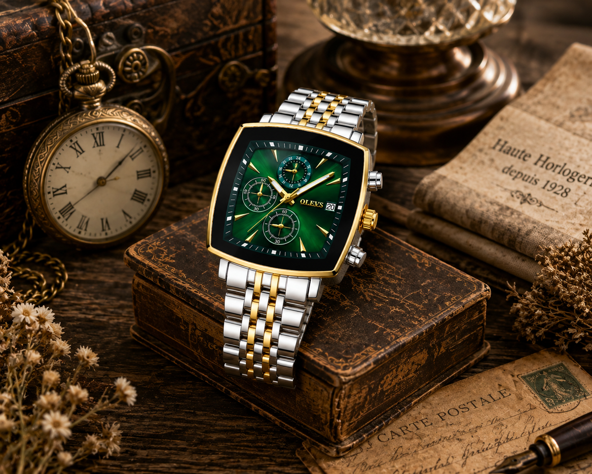 WA-27--OLEVS 5530 Mens Quartz Watch Green Dial Silver Gold-Tone Stainless Steel Bracelet 3BAR