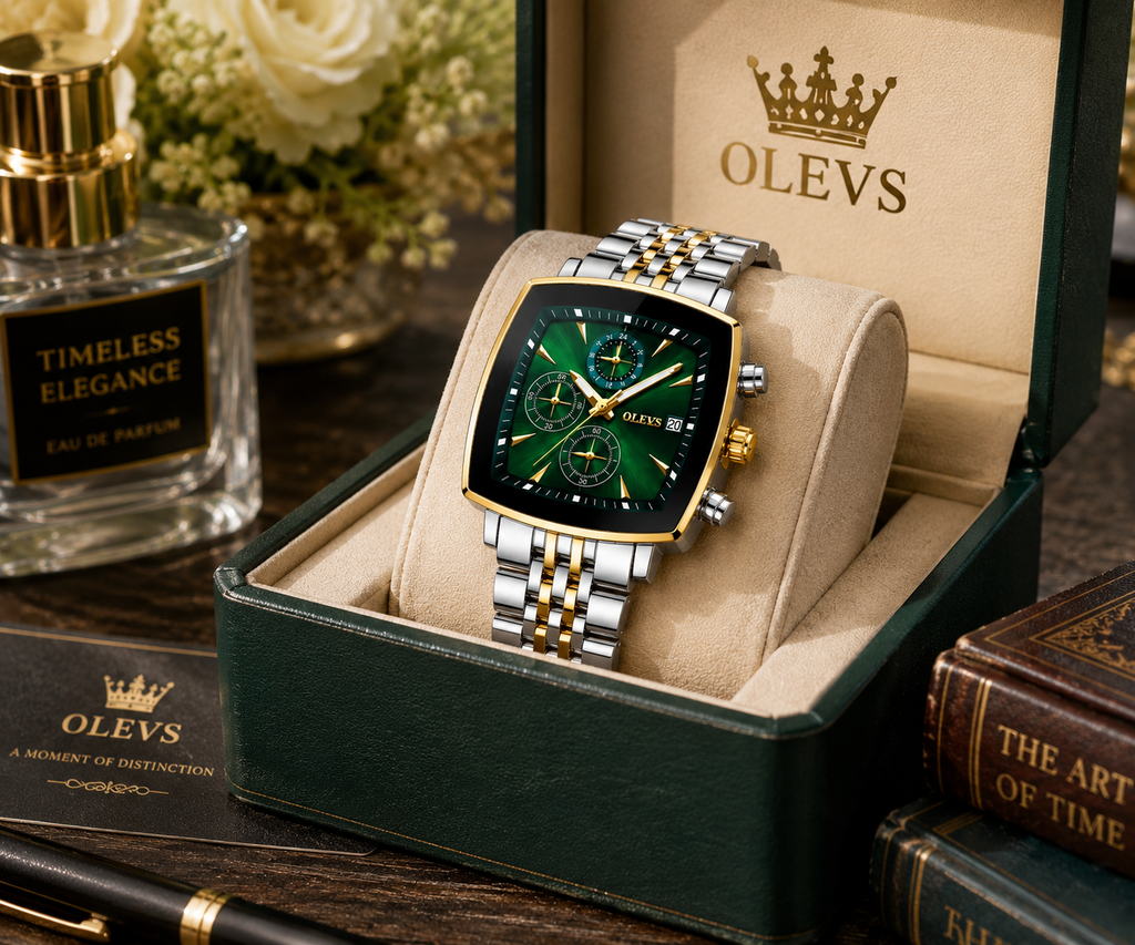 WA-27--OLEVS 5530 Mens Quartz Watch Green Dial Silver Gold-Tone Stainless Steel Bracelet 3BAR