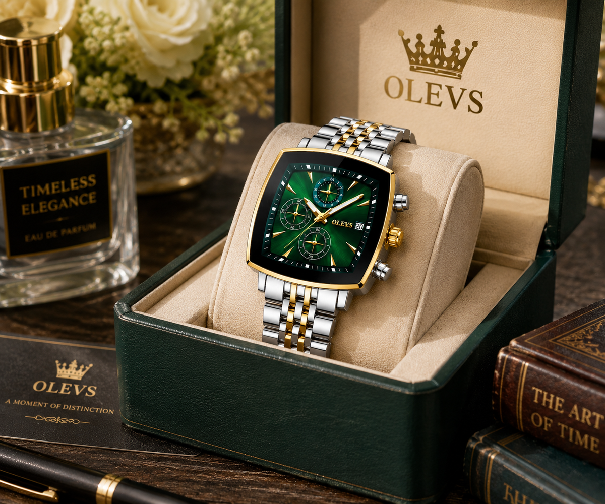 WA-27--OLEVS 5530 Mens Quartz Watch Green Dial Silver Gold-Tone Stainless Steel Bracelet 3BAR