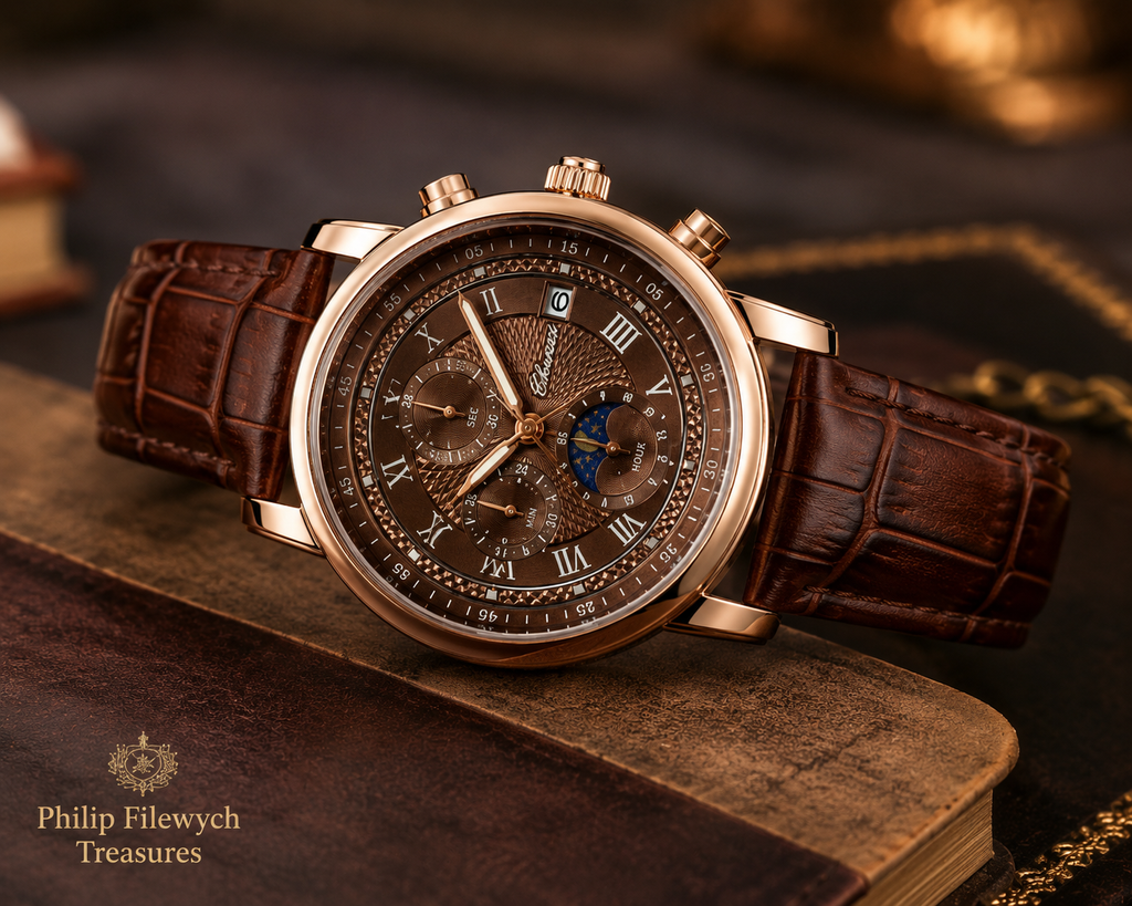 WA-19--Chenxi 976 Men's Quartz Business Watch | Rose Gold Brown Leather Moon Phase Dress Watch Description