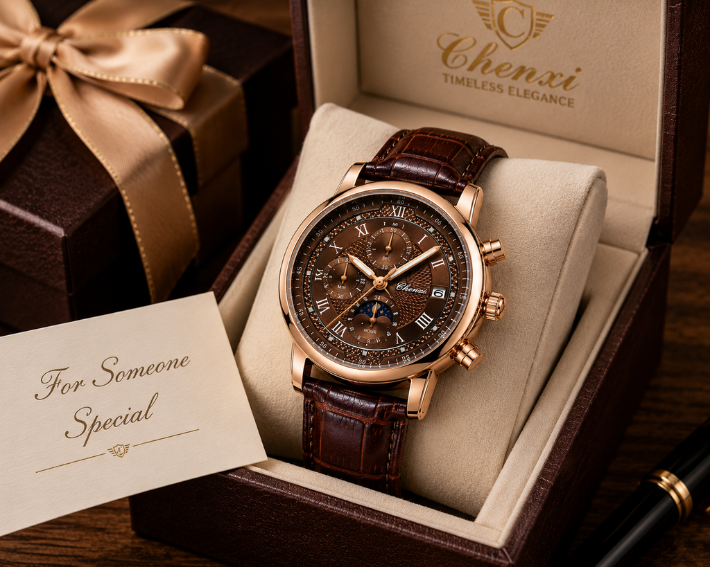 WA-19--Chenxi 976 Men's Quartz Business Watch | Rose Gold Brown Leather Moon Phase Dress Watch Description