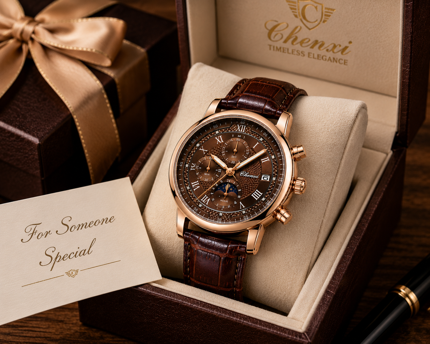 WA-19--Chenxi 976 Men's Quartz Business Watch | Rose Gold Brown Leather Moon Phase Dress Watch Description