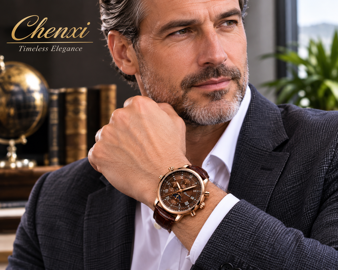 WA-19--Chenxi 976 Men's Quartz Business Watch | Rose Gold Brown Leather Moon Phase Dress Watch Description