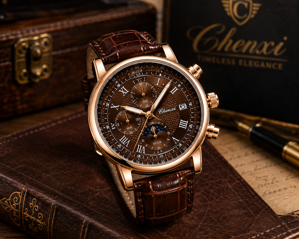 WA-19--Chenxi 976 Men's Quartz Business Watch | Rose Gold Brown Leather Moon Phase Dress Watch Description