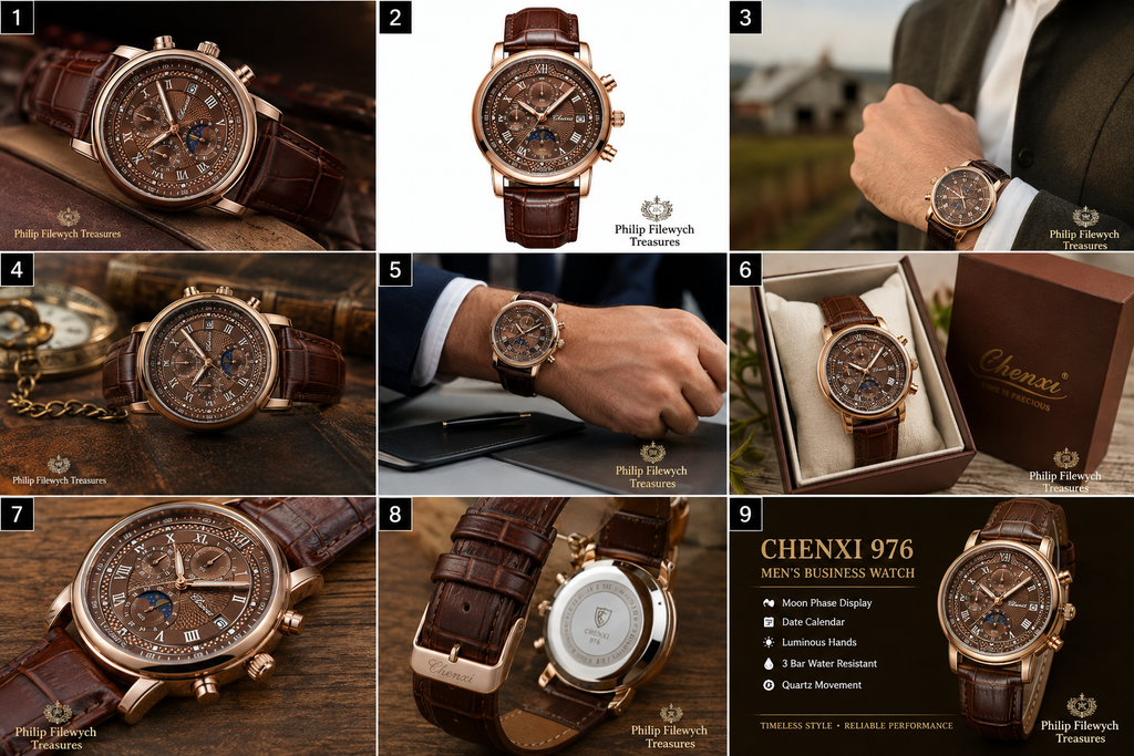 WA-19--Chenxi 976 Men's Quartz Business Watch | Rose Gold Brown Leather Moon Phase Dress Watch Description