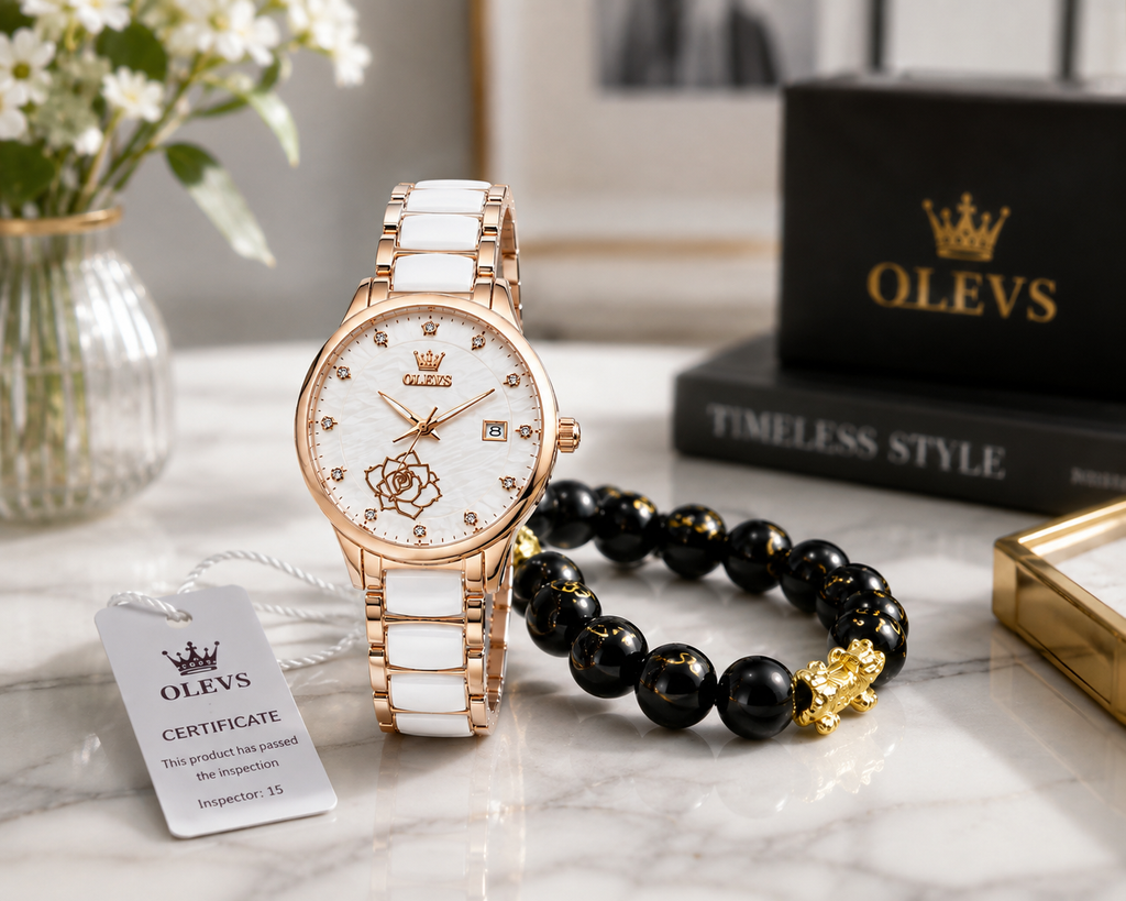 WA-19--OLEVS 3606 Ladies Luxury Quartz Watch 36mm Rose Gold White Ceramic Dial Date 3BAR Waterproof Black Beaded Bracelet Gift Set