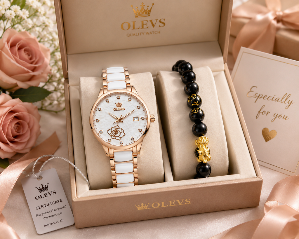 WA-19--OLEVS 3606 Ladies Luxury Quartz Watch 36mm Rose Gold White Ceramic Dial Date 3BAR Waterproof Black Beaded Bracelet Gift Set