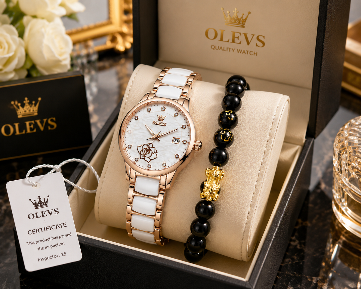 WA-19--OLEVS 3606 Ladies Luxury Quartz Watch 36mm Rose Gold White Ceramic Dial Date 3BAR Waterproof Black Beaded Bracelet Gift Set