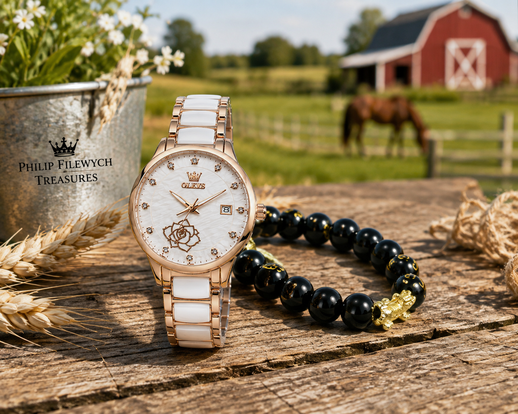 WA-19--OLEVS 3606 Ladies Luxury Quartz Watch 36mm Rose Gold White Ceramic Dial Date 3BAR Waterproof Black Beaded Bracelet Gift Set