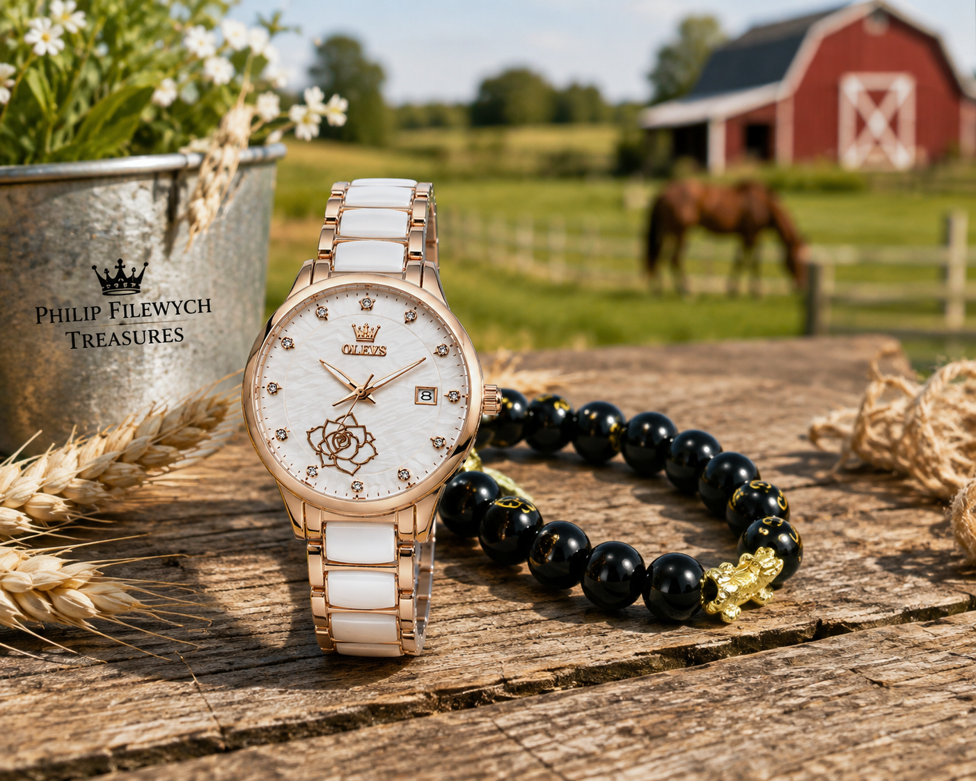 WA-19--OLEVS 3606 Ladies Luxury Quartz Watch 36mm Rose Gold White Ceramic Dial Date 3BAR Waterproof Black Beaded Bracelet Gift Set