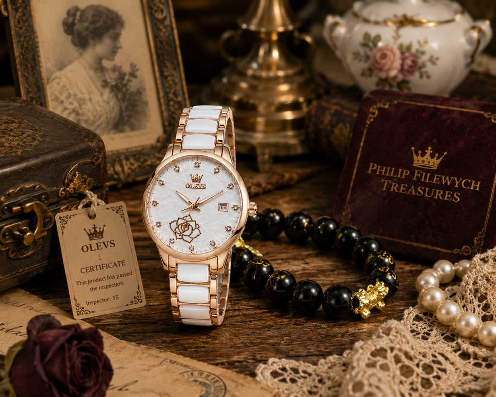WA-19--OLEVS 3606 Ladies Luxury Quartz Watch 36mm Rose Gold White Ceramic Dial Date 3BAR Waterproof Black Beaded Bracelet Gift Set
