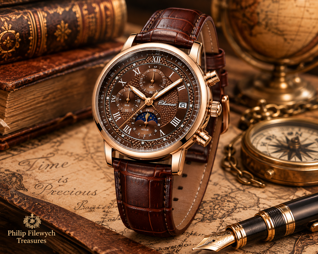 WA-19--Chenxi 976 Men's Quartz Business Watch | Rose Gold Brown Leather Moon Phase Dress Watch Description