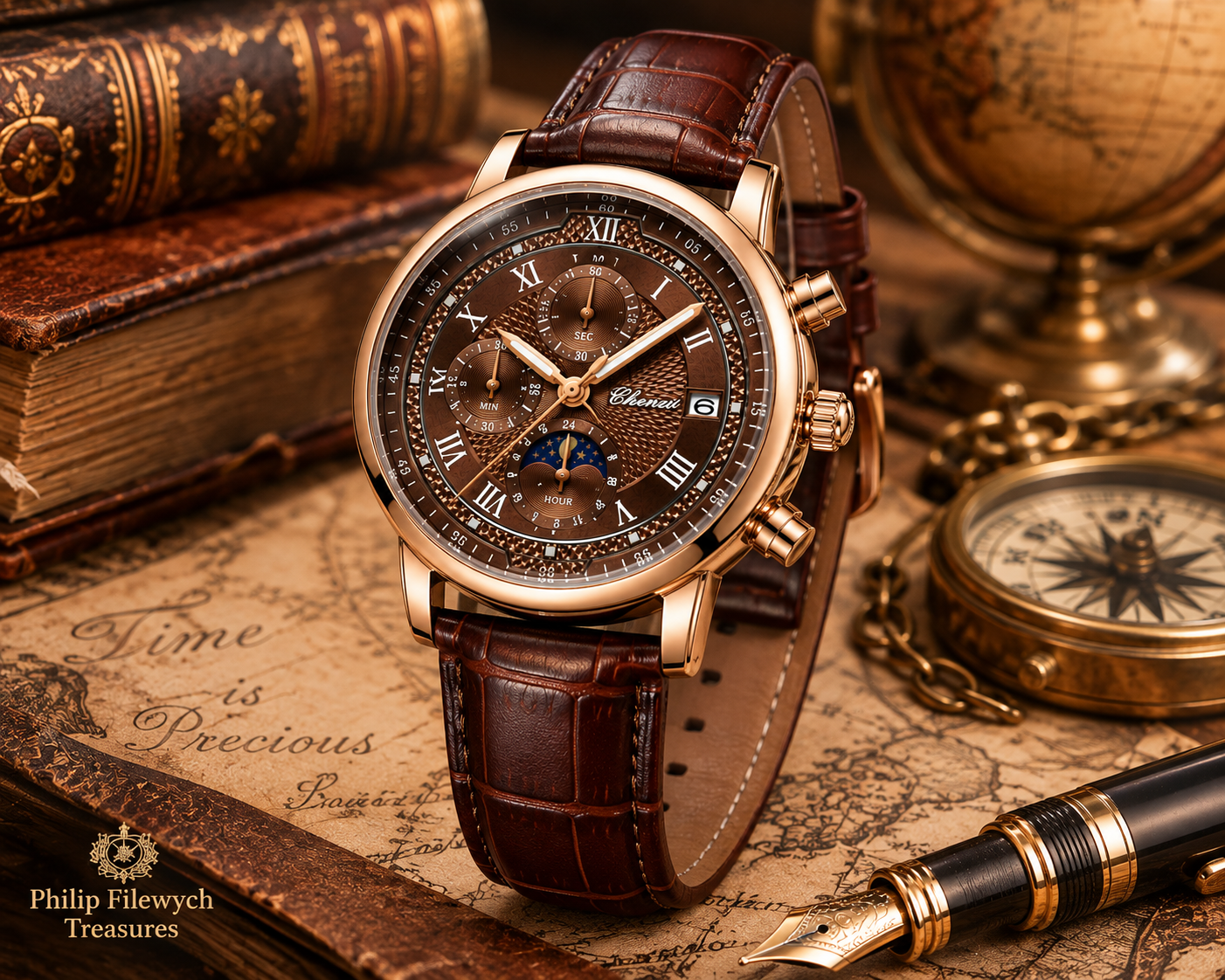 WA-19--Chenxi 976 Men's Quartz Business Watch | Rose Gold Brown Leather Moon Phase Dress Watch Description