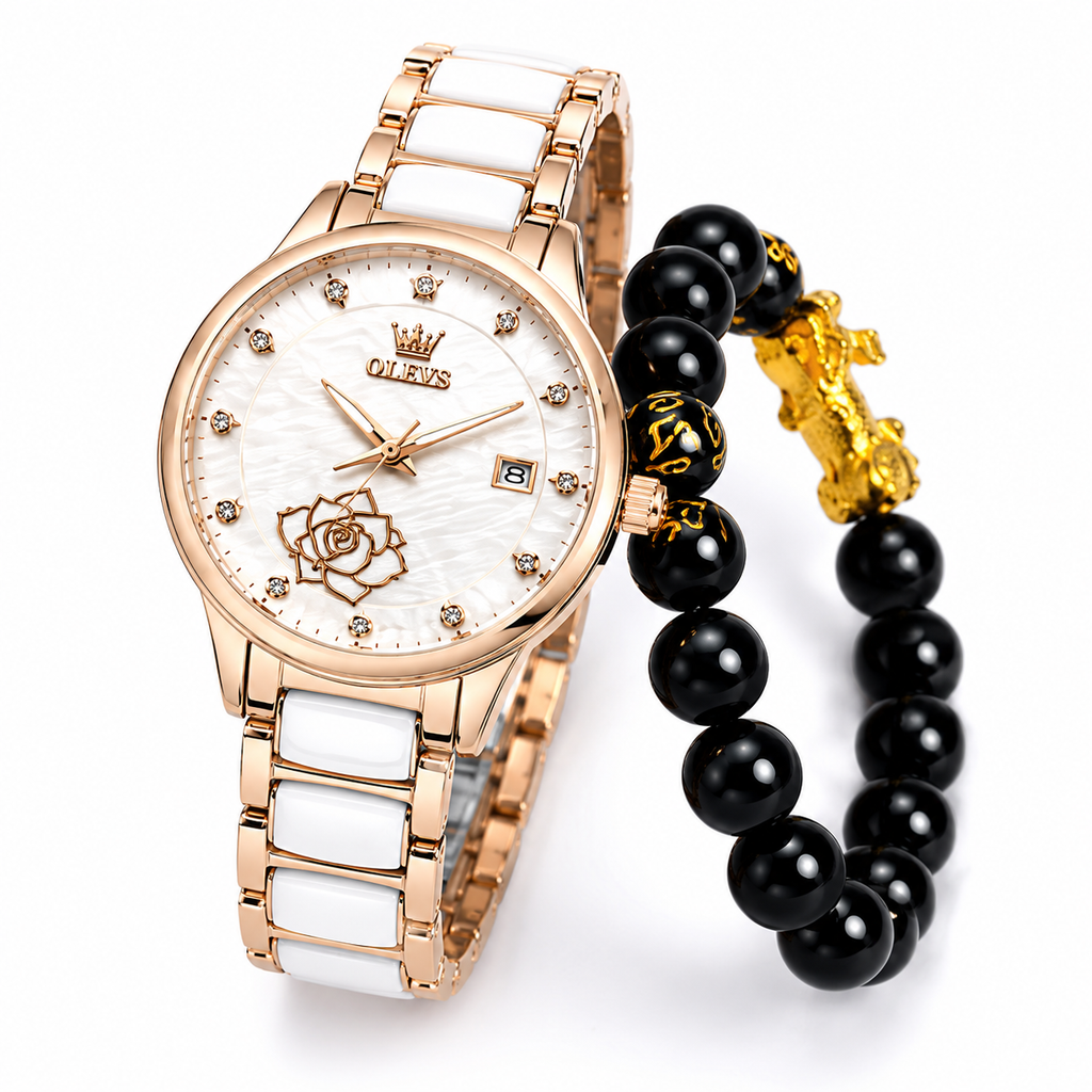 WA-19--OLEVS 3606 Ladies Luxury Quartz Watch 36mm Rose Gold White Ceramic Dial Date 3BAR Waterproof Black Beaded Bracelet Gift Set