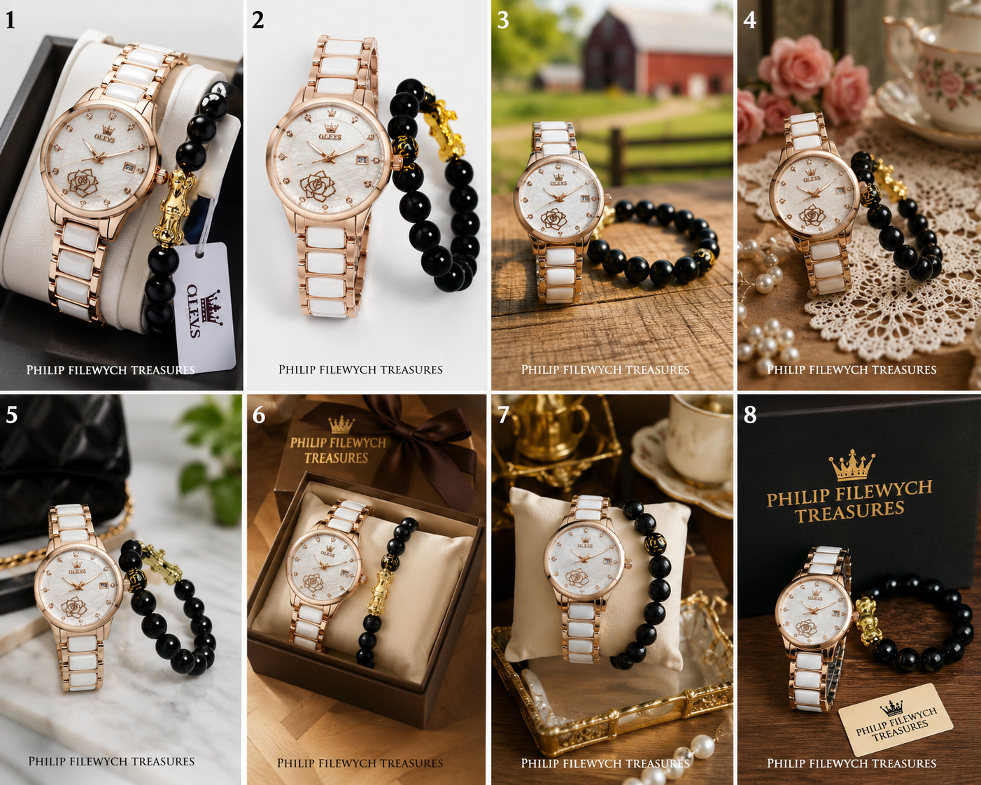 WA-19--OLEVS 3606 Ladies Luxury Quartz Watch 36mm Rose Gold White Ceramic Dial Date 3BAR Waterproof Black Beaded Bracelet Gift Set