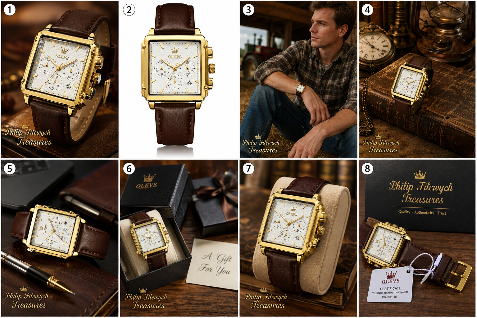 WA-11 – OLEVS Men's Square Gold Quartz Watch – Brown Leather Strap – Waterproof – Luminous – Analog Dress Watch