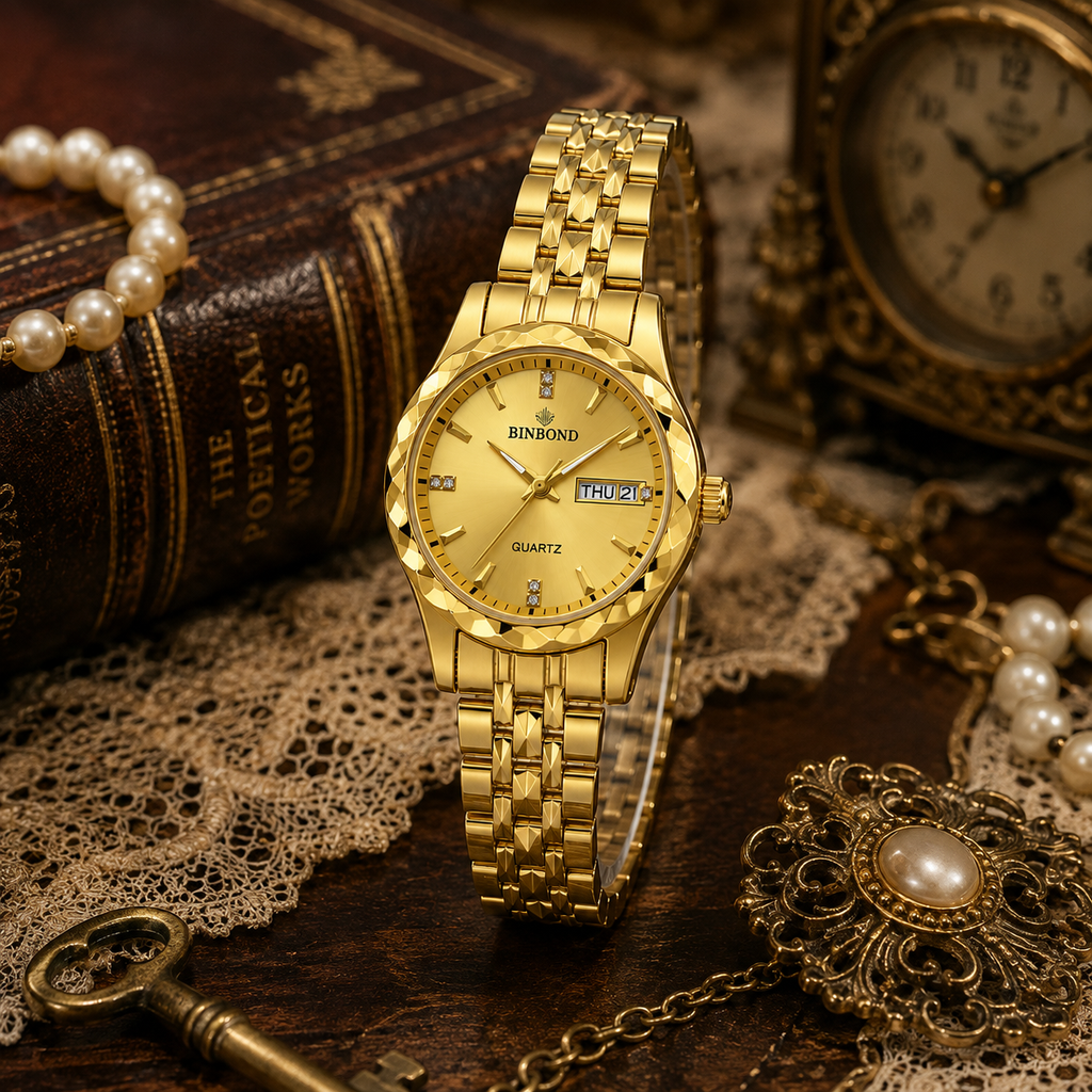 WA-20--Bingong Ladies Gold-Tone Luxury Quartz Watch 28mm Date Luminous Water Resistant