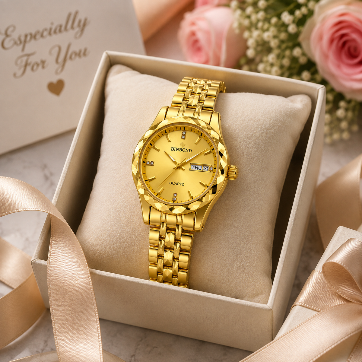 WA-20--Bingong Ladies Gold-Tone Luxury Quartz Watch 28mm Date Luminous Water Resistant