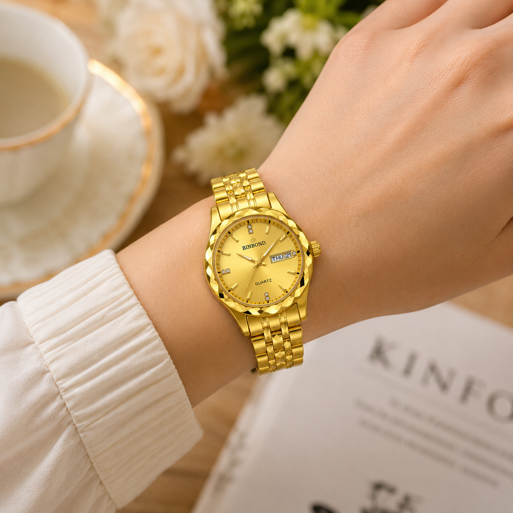 WA-20--Bingong Ladies Gold-Tone Luxury Quartz Watch 28mm Date Luminous Water Resistant