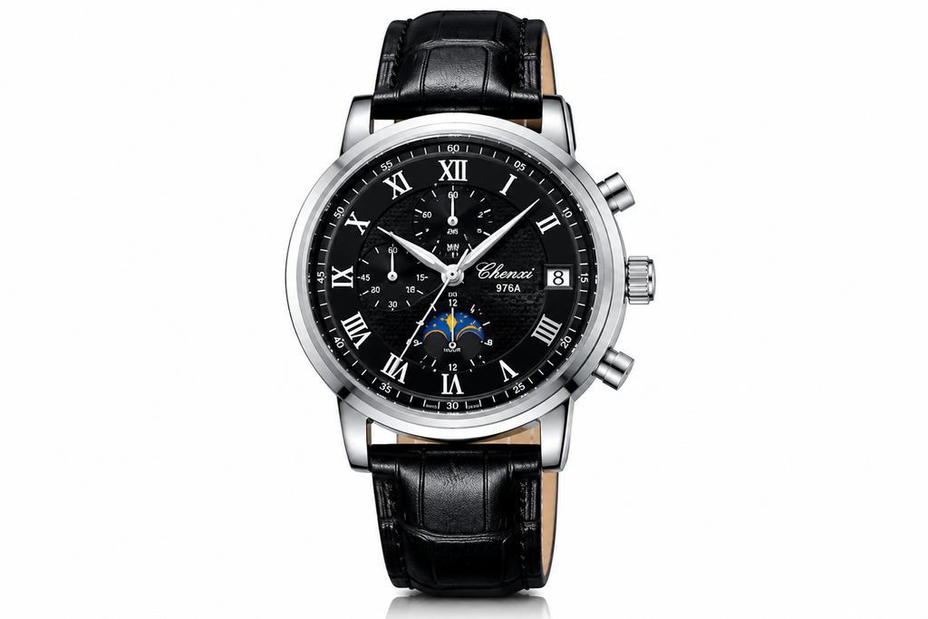 WA-20--CHENXI 976 Men's Silver Shell Business Chronograph Quartz Leather Watch