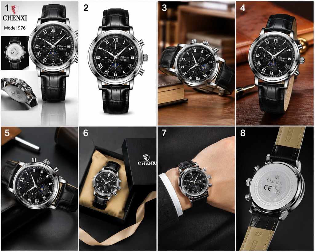 WA-20--CHENXI 976 Men's Silver Shell Business Chronograph Quartz Leather Watch