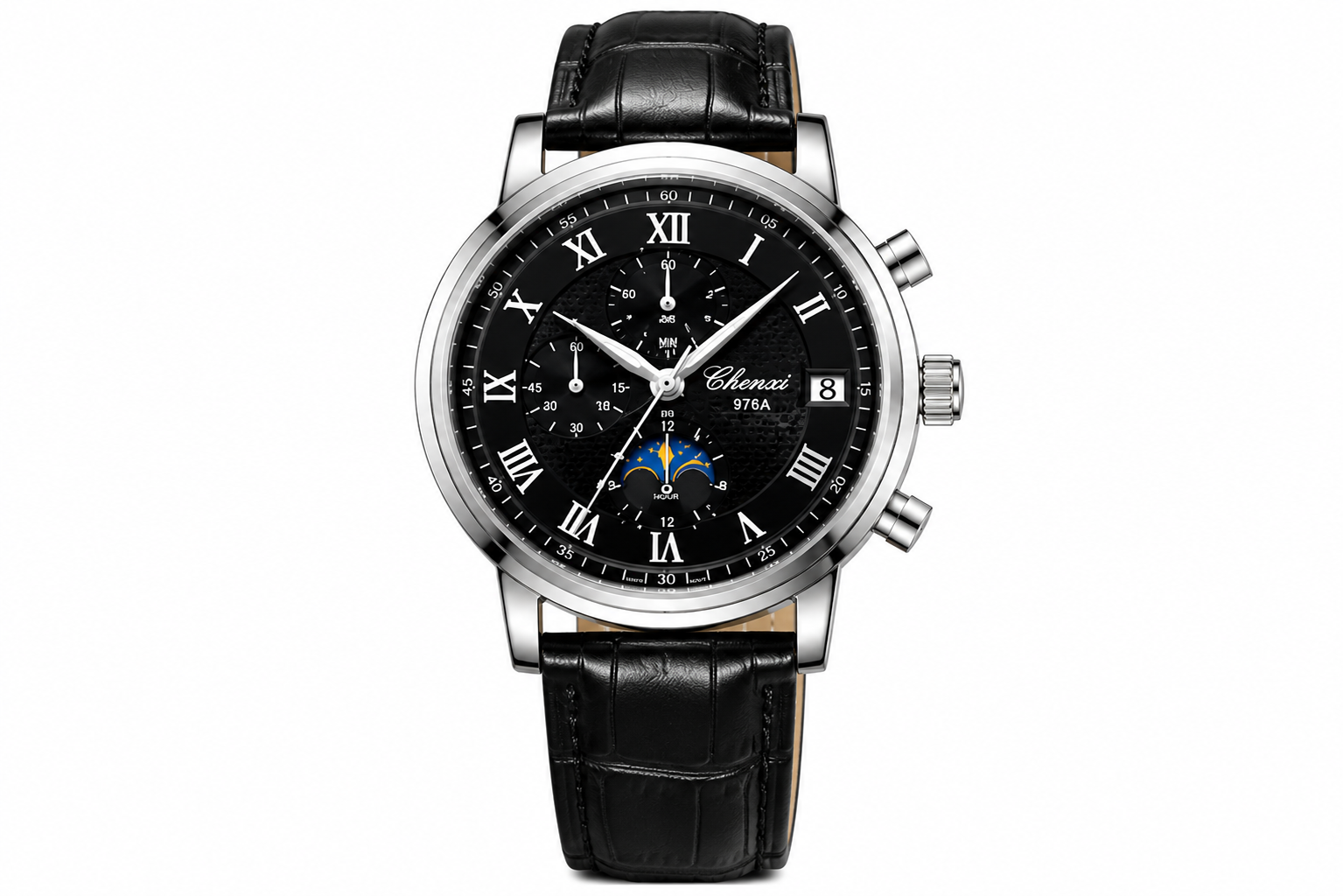 WA-20--CHENXI 976 Men's Silver Shell Business Chronograph Quartz Leather Watch