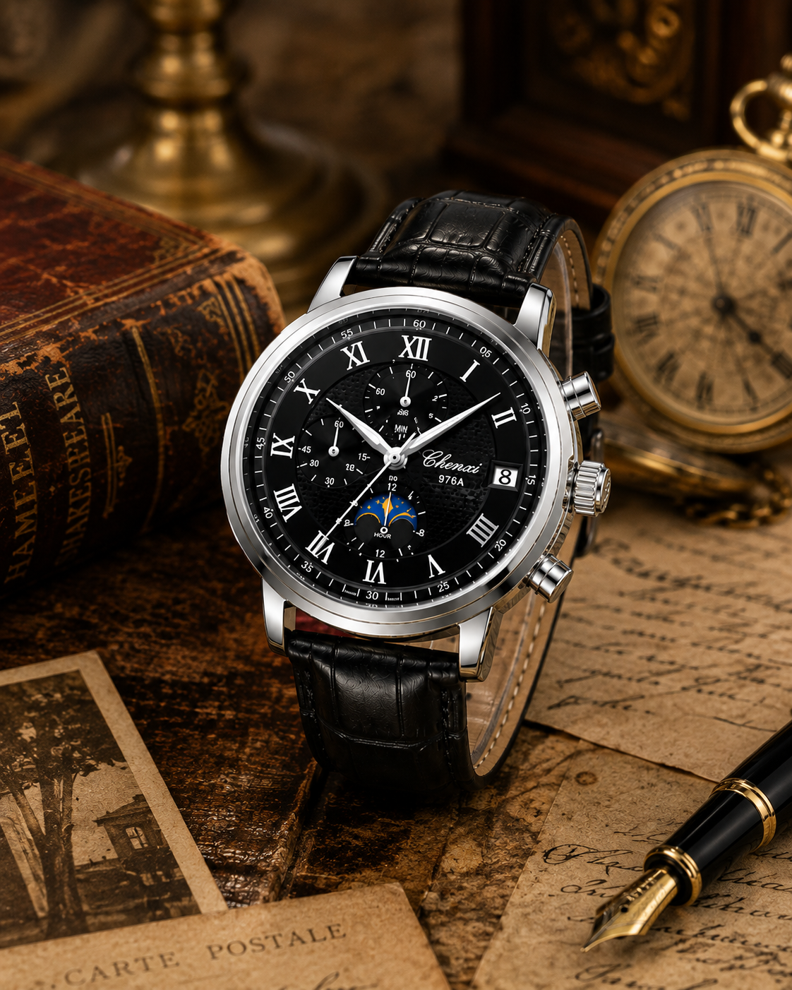 WA-20--CHENXI 976 Men's Silver Shell Business Chronograph Quartz Leather Watch