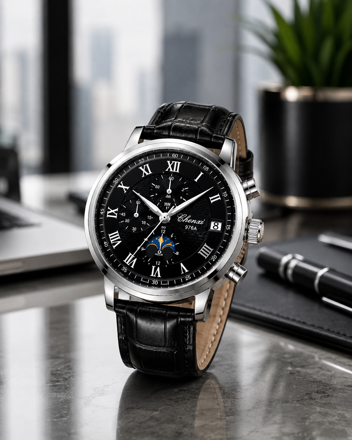 WA-20--CHENXI 976 Men's Silver Shell Business Chronograph Quartz Leather Watch