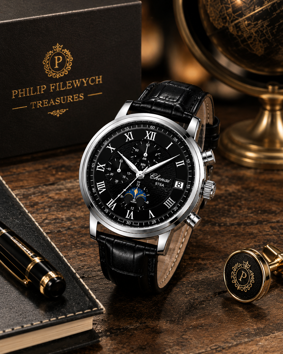 WA-20--CHENXI 976 Men's Silver Shell Business Chronograph Quartz Leather Watch