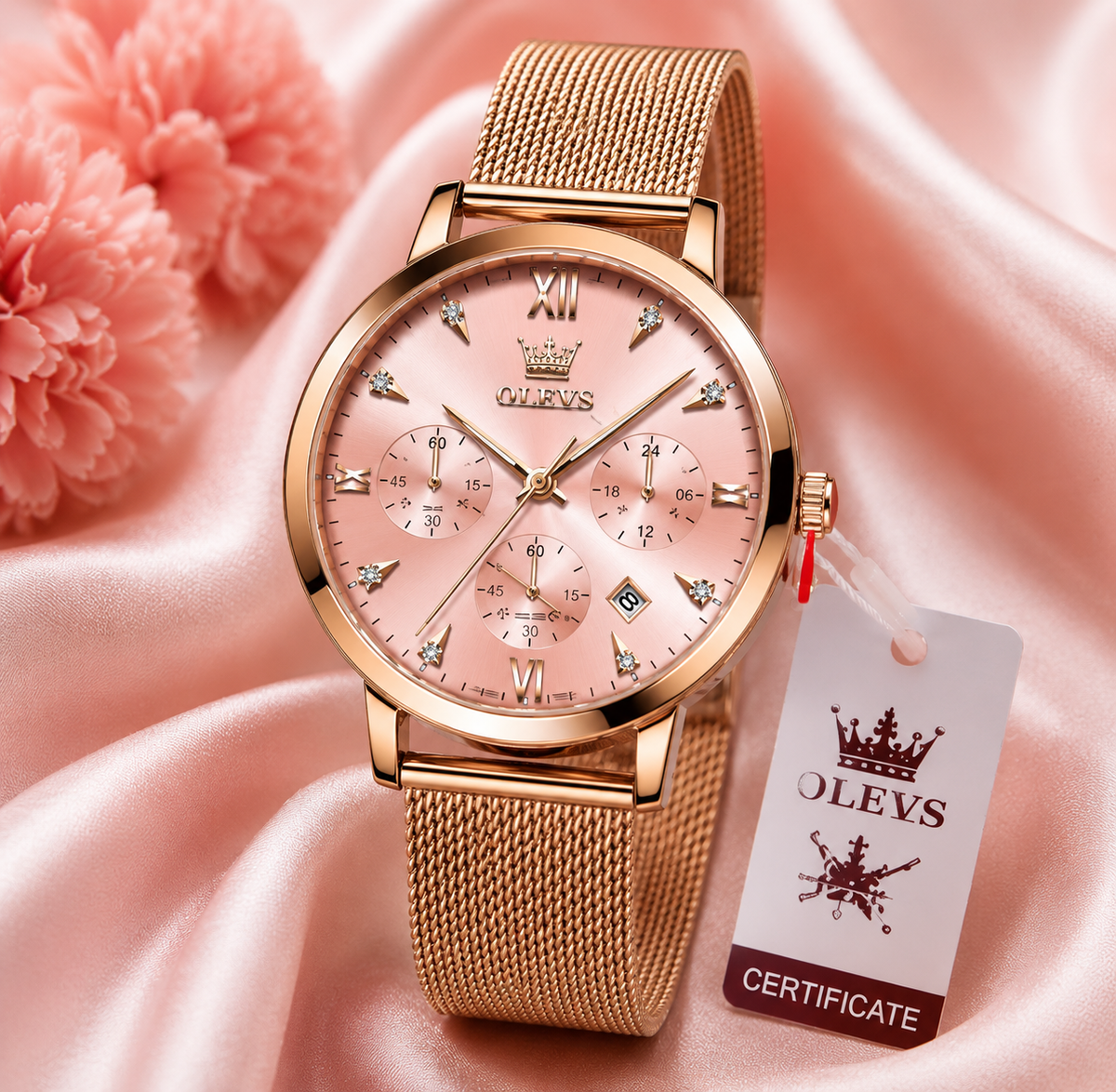 WA-21--OLEVS 5632 Ladies Pink Luxury Fashion Watch Rose Gold Mesh Band Quartz Chronograph Date 3BAR