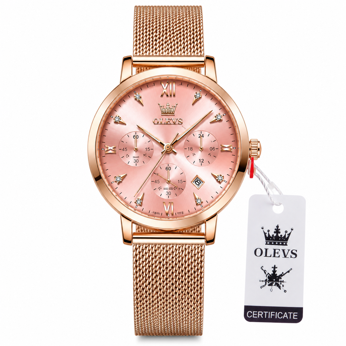 WA-21--OLEVS 5632 Ladies Pink Luxury Fashion Watch Rose Gold Mesh Band Quartz Chronograph Date 3BAR