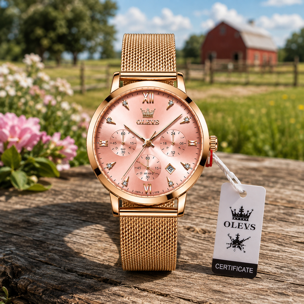 WA-21--OLEVS 5632 Ladies Pink Luxury Fashion Watch Rose Gold Mesh Band Quartz Chronograph Date 3BAR