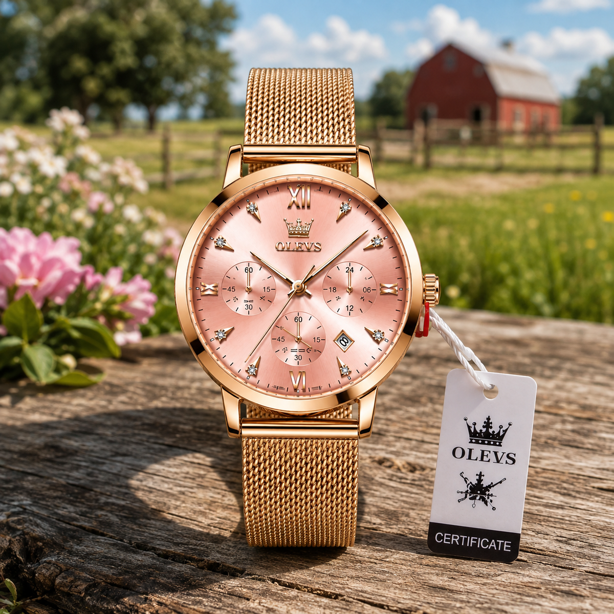 WA-21--OLEVS 5632 Ladies Pink Luxury Fashion Watch Rose Gold Mesh Band Quartz Chronograph Date 3BAR
