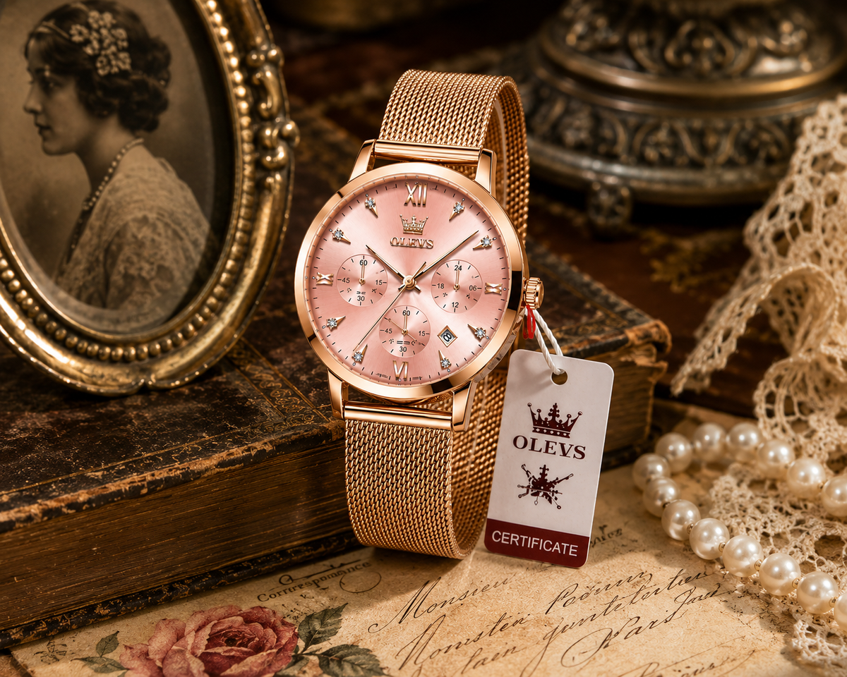 WA-21--OLEVS 5632 Ladies Pink Luxury Fashion Watch Rose Gold Mesh Band Quartz Chronograph Date 3BAR