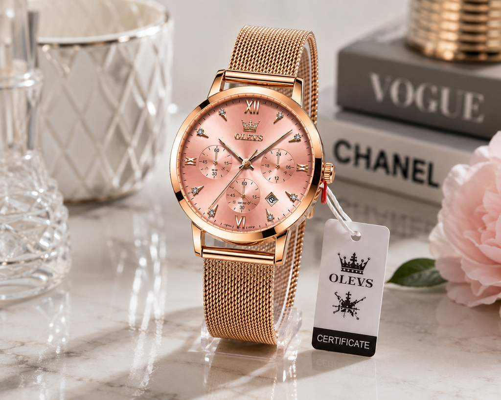 WA-21--OLEVS 5632 Ladies Pink Luxury Fashion Watch Rose Gold Mesh Band Quartz Chronograph Date 3BAR