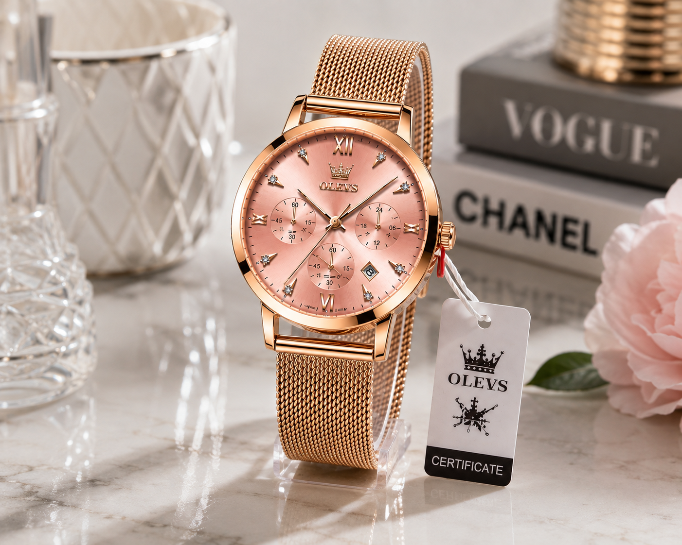 WA-21--OLEVS 5632 Ladies Pink Luxury Fashion Watch Rose Gold Mesh Band Quartz Chronograph Date 3BAR