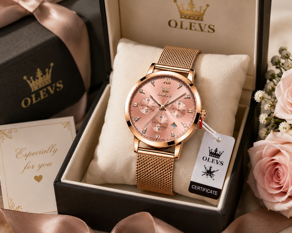 WA-21--OLEVS 5632 Ladies Pink Luxury Fashion Watch Rose Gold Mesh Band Quartz Chronograph Date 3BAR