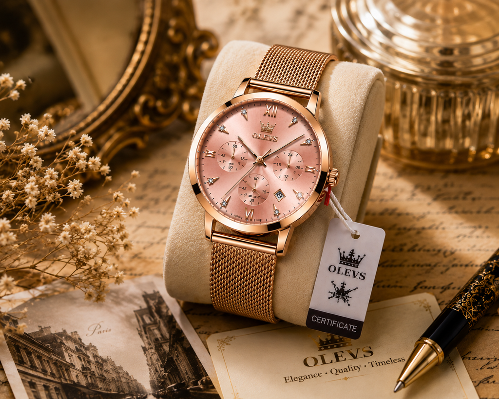 WA-21--OLEVS 5632 Ladies Pink Luxury Fashion Watch Rose Gold Mesh Band Quartz Chronograph Date 3BAR