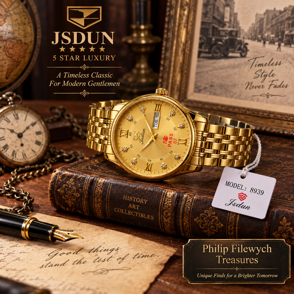 WA-33--JSDUN 8939 Men's Automatic Mechanical Gold Tone Luxury Watch 40mm