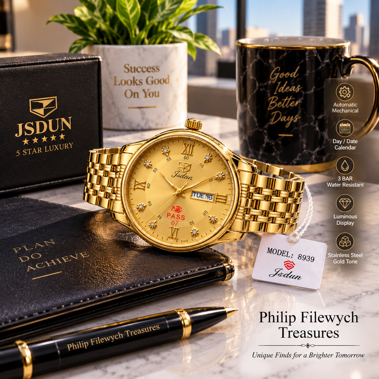 WA-33--JSDUN 8939 Men's Automatic Mechanical Gold Tone Luxury Watch 40mm
