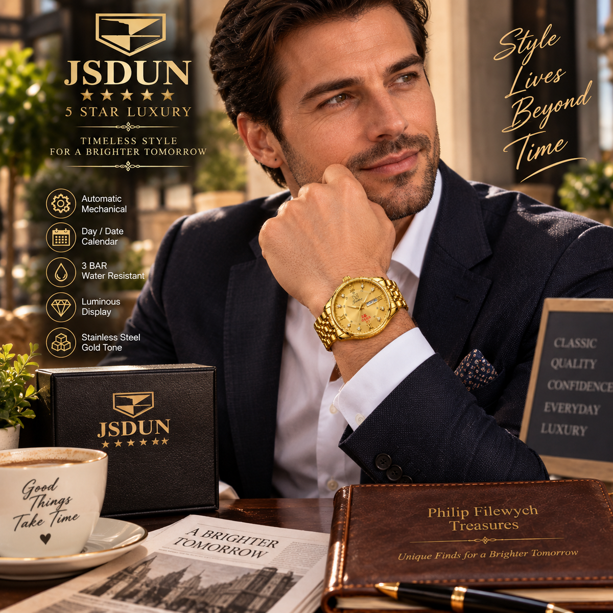 WA-33--JSDUN 8939 Men's Automatic Mechanical Gold Tone Luxury Watch 40mm