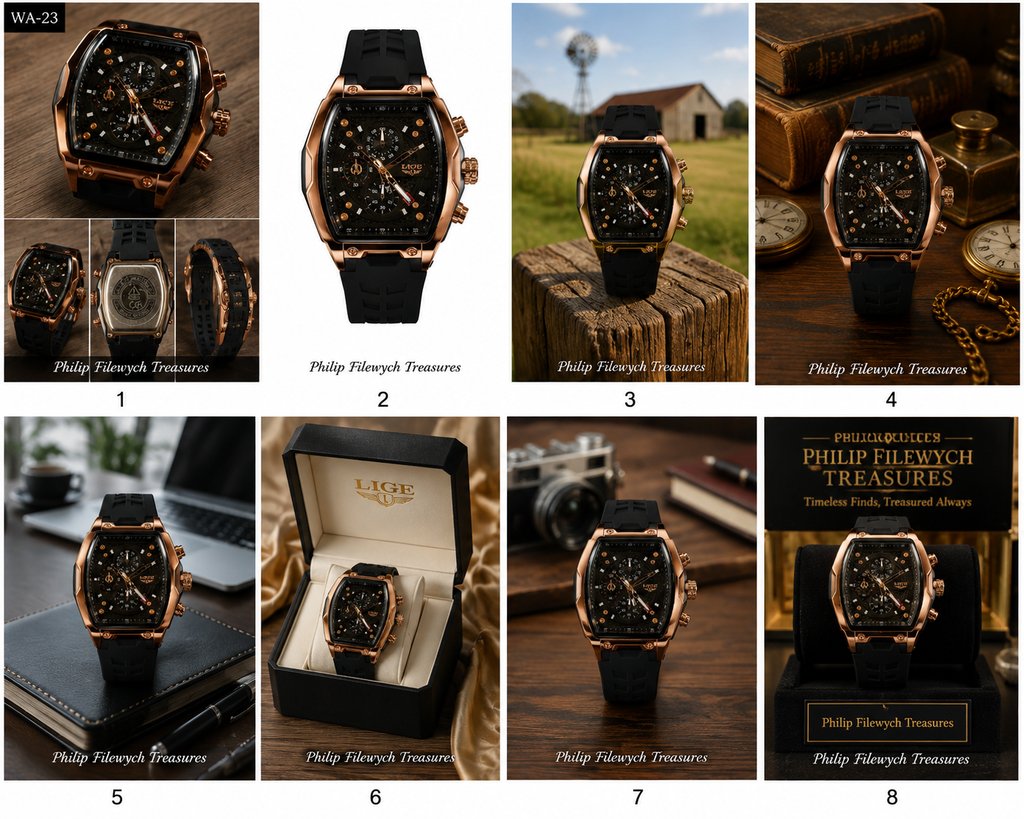 WA-22--LIGE 8908 Men's Rose Gold Black Chronograph Quartz Watch 3Bar Waterproof Silicone